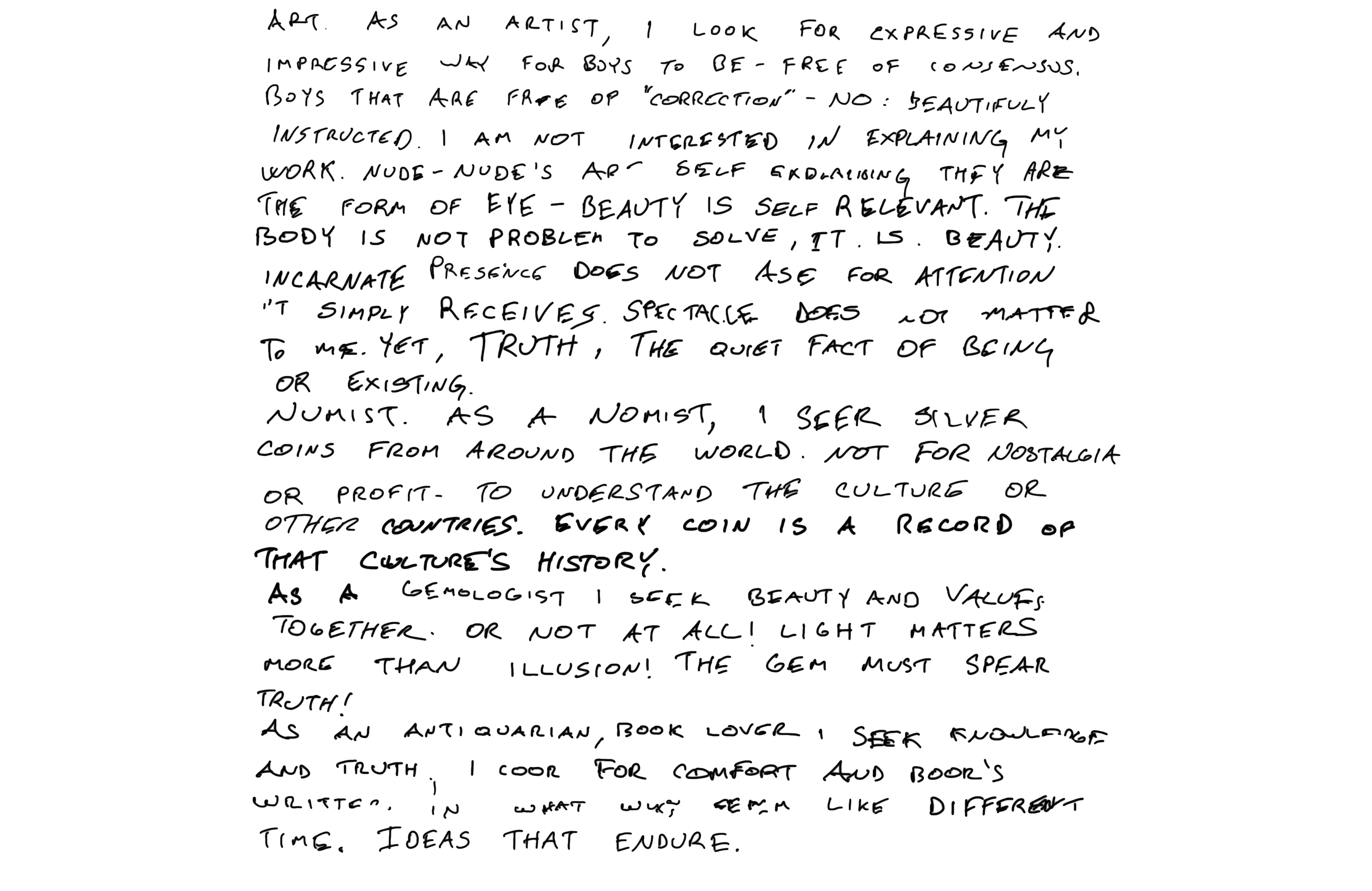 Handwritten philosophy about Art, Numismatics, Gemology, and Antiquarian pursuits